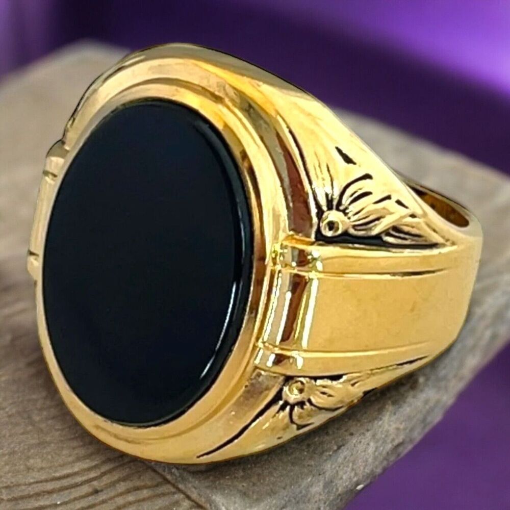 Vintage 1960s Black Onyx Ring Size 8 Clark & Coombs 18K Gold Plate - 14B